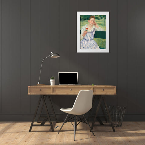Woman with a Red Zinnia White Modern Wood Framed Art Print by Cassatt, Mary