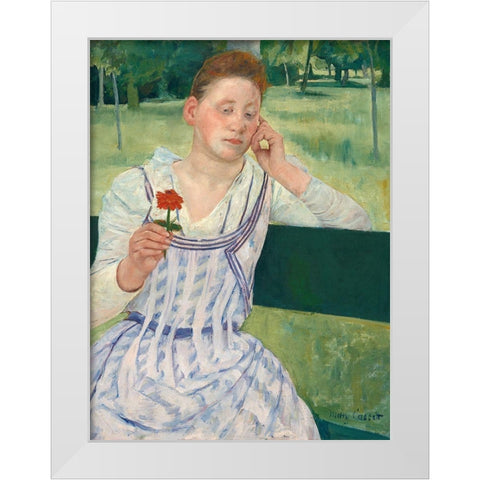 Woman with a Red Zinnia White Modern Wood Framed Art Print by Cassatt, Mary