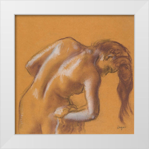 Nude lady. Bather Drying Herself White Modern Wood Framed Art Print by Degas, Edgar