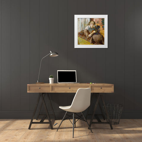 At the Milliners White Modern Wood Framed Art Print by Degas, Edgar