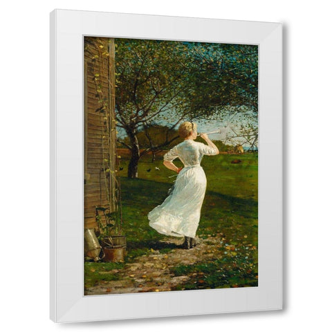 The Dinner Horn (Blowing the Horn at Seaside) White Modern Wood Framed Art Print by Homer, Winslow