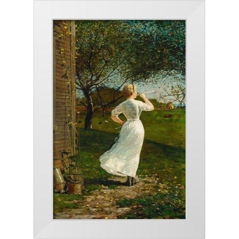The Dinner Horn (Blowing the Horn at Seaside) White Modern Wood Framed Art Print by Homer, Winslow