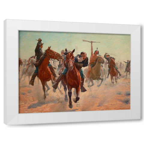 Gilcrease, Breaking through the line White Modern Wood Framed Art Print by Schreyvogel, Charles