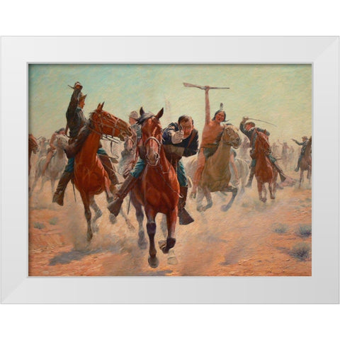 Gilcrease, Breaking through the line White Modern Wood Framed Art Print by Schreyvogel, Charles