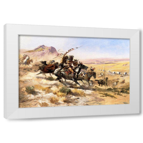 Attack on a Wagon Train White Modern Wood Framed Art Print by Russell, Charles Marion