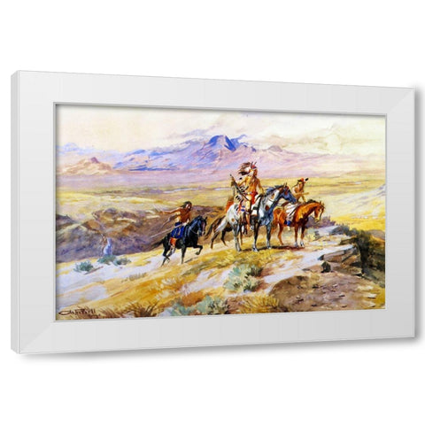 Indians Scouting a Wagon Train White Modern Wood Framed Art Print by Russell, Charles Marion