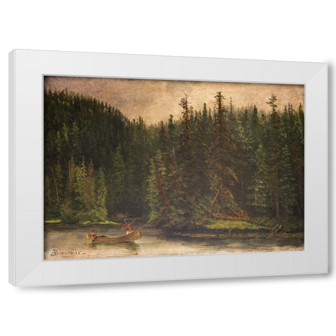 Indian Hunters in Canoe White Modern Wood Framed Art Print by Bierstadt, Albert