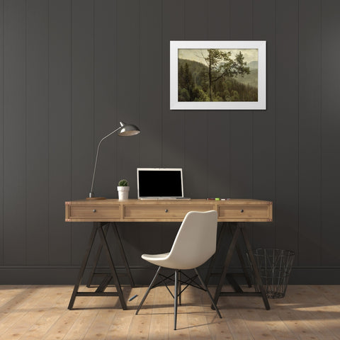 Tree covered mountains White Modern Wood Framed Art Print by Bierstadt, Albert