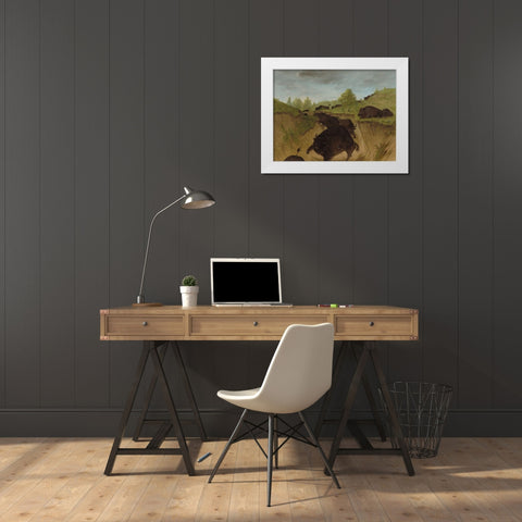 Grizzly Bears Attacking Buffalo White Modern Wood Framed Art Print by Catlin, George