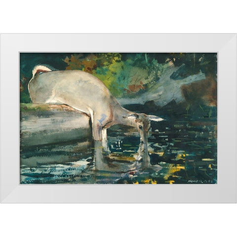Deer Drinking White Modern Wood Framed Art Print by Homer, Winslow
