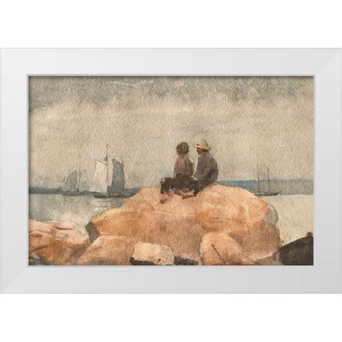 Two Boys Watching Schooners White Modern Wood Framed Art Print by Homer, Winslow