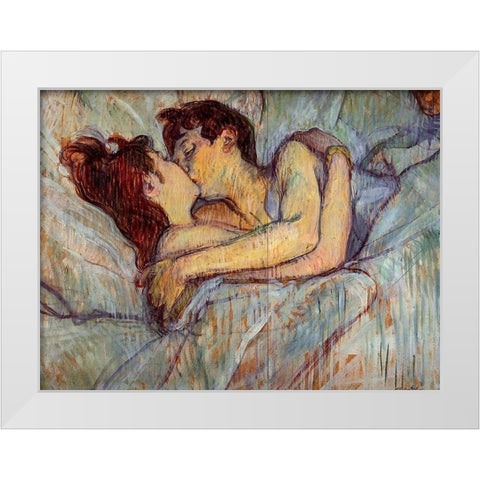 In Bed, The Kiss White Modern Wood Framed Art Print by Toulouse-Lautrec, Henri de
