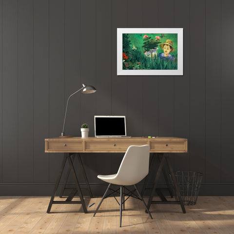 Boy in Flowers White Modern Wood Framed Art Print by Manet, Edouard