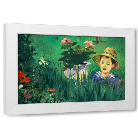 Boy in Flowers White Modern Wood Framed Art Print by Manet, Edouard