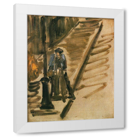 Rue Mossnier with Knife Grinder White Modern Wood Framed Art Print by Manet, Edouard
