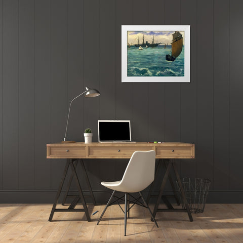 TheÂ KearsargeÂ at Boulogne White Modern Wood Framed Art Print by Manet, Edouard