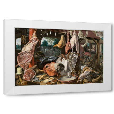 A Meat Stall with the Holy Family Giving Alms White Modern Wood Framed Art Print by Aertsen, Pieter