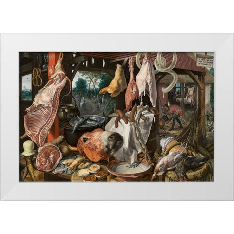 A Meat Stall with the Holy Family Giving Alms White Modern Wood Framed Art Print by Aertsen, Pieter