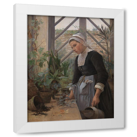 Brittany girl arranges plants in a greenhouse White Modern Wood Framed Art Print by Petersen, Anna