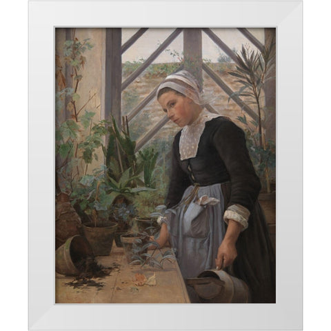 Brittany girl arranges plants in a greenhouse White Modern Wood Framed Art Print by Petersen, Anna