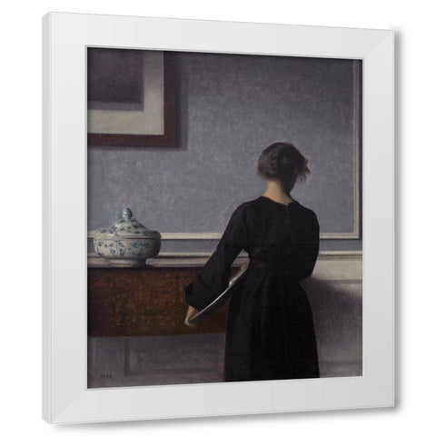 Interior with Young Woman Seen from the Back White Modern Wood Framed Art Print by Hammershoi, Vilhelm