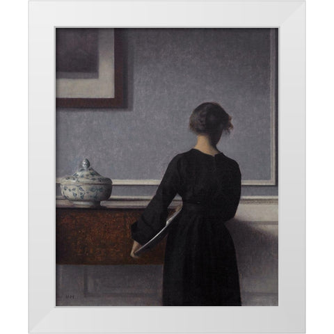 Interior with Young Woman Seen from the Back White Modern Wood Framed Art Print by Hammershoi, Vilhelm