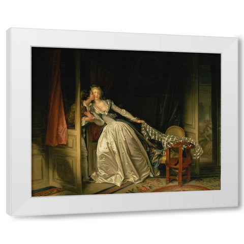 The Stolen Kiss White Modern Wood Framed Art Print by Fragonard, Jean-Honore