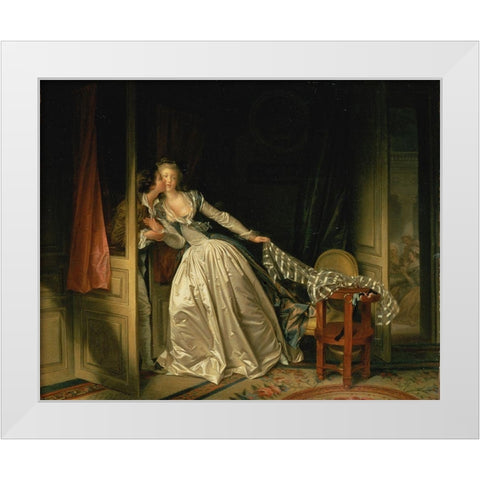 The Stolen Kiss White Modern Wood Framed Art Print by Fragonard, Jean-Honore