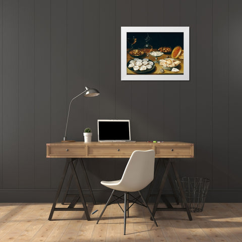 Dishes with Oysters, Fruit, and WineÂ atÂ Still life White Modern Wood Framed Art Print by Beert, Osias