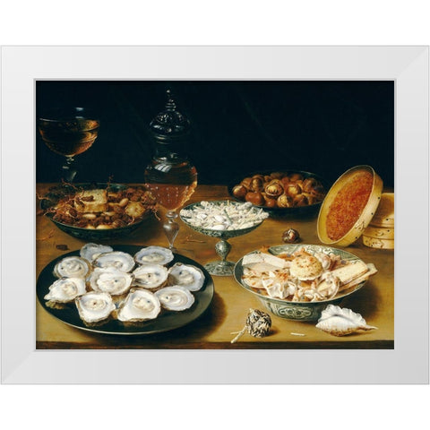 Dishes with Oysters, Fruit, and WineÂ atÂ Still life White Modern Wood Framed Art Print by Beert, Osias