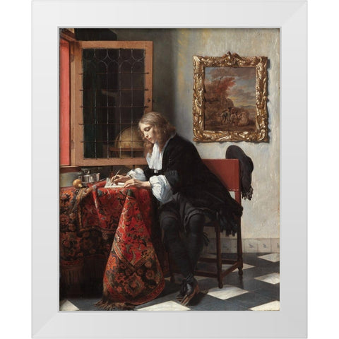 Man Writing a Letter White Modern Wood Framed Art Print by Metsu, Gabriel