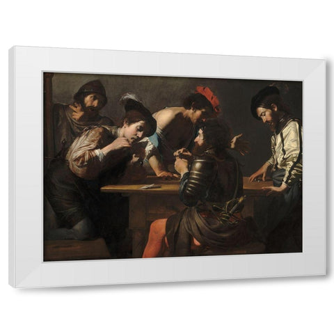 Soldiers Playing Cards and Dice, The Cheats White Modern Wood Framed Art Print by de Boulogne, Valentin