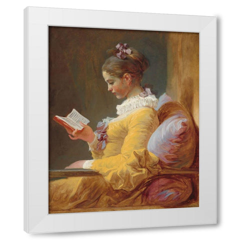 A Young Girl Reading White Modern Wood Framed Art Print by Fragonard, Jean-Honore
