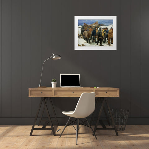 The lifeboat is driven through the dunes White Modern Wood Framed Art Print by Ancher, Michael