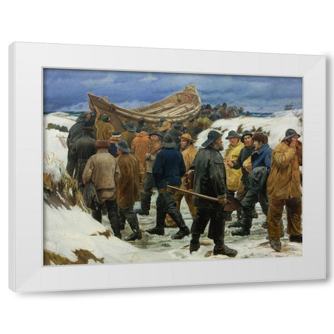 The lifeboat is driven through the dunes White Modern Wood Framed Art Print by Ancher, Michael