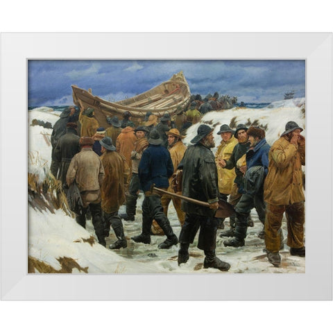 The lifeboat is driven through the dunes White Modern Wood Framed Art Print by Ancher, Michael