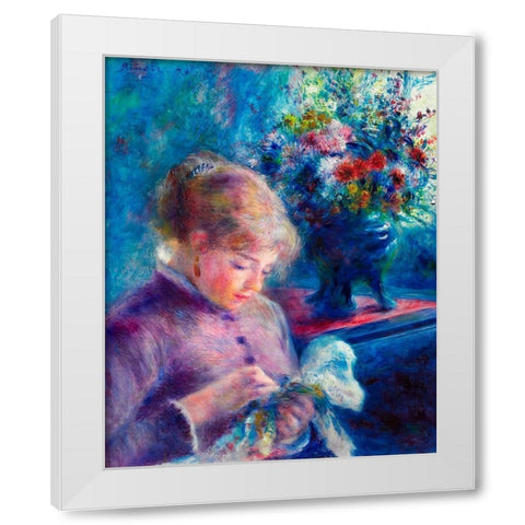 Young Woman Sewing 1879 White Modern Wood Framed Art Print by Renoir, Pierre-Auguste