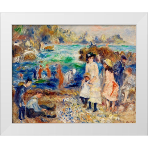 Children on the Seashore, Guernsey 1883 White Modern Wood Framed Art Print by Renoir, Pierre-Auguste
