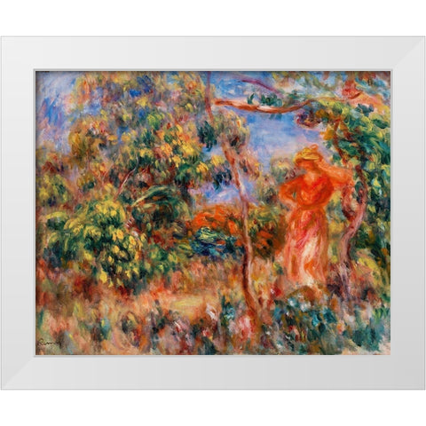 Woman in Red in a Landscape 1917 White Modern Wood Framed Art Print by Renoir, Pierre-Auguste