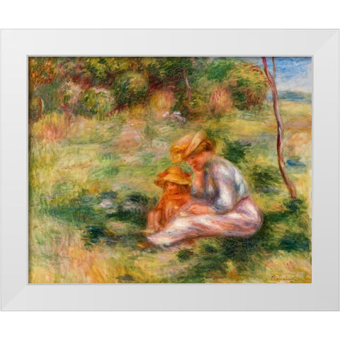 Woman and Child in the Grass 1898 White Modern Wood Framed Art Print by Renoir, Pierre-Auguste