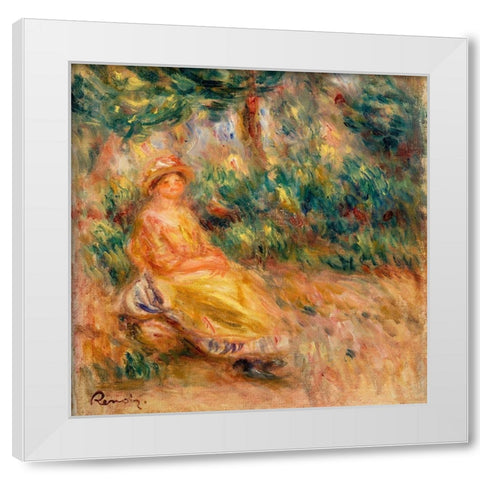 Woman in Pink and Yellow in a Landscape White Modern Wood Framed Art Print by Renoir, Pierre-Auguste