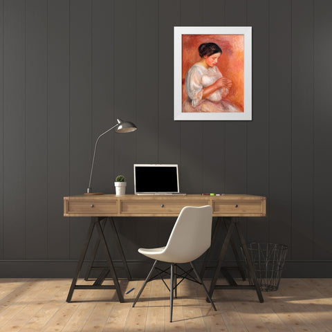 Woman Sewing 1908 White Modern Wood Framed Art Print by Renoir, Pierre-Auguste