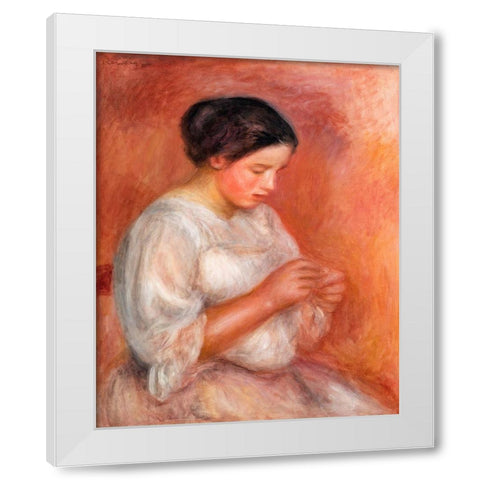 Woman Sewing 1908 White Modern Wood Framed Art Print by Renoir, Pierre-Auguste