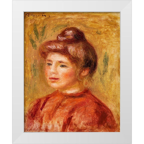 Bust of Woman in Red 1908 White Modern Wood Framed Art Print by Renoir, Pierre-Auguste