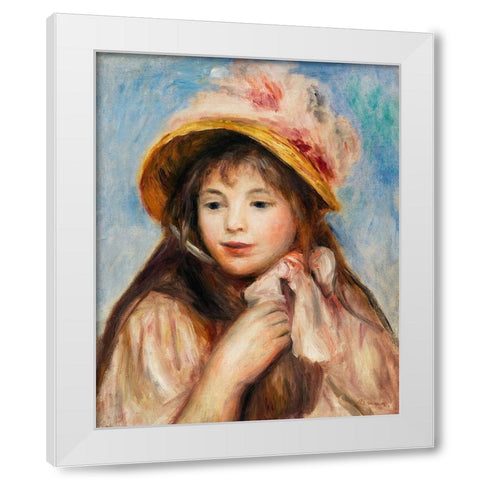Girl with Pink Bonnet 1894 White Modern Wood Framed Art Print by Renoir, Pierre-Auguste