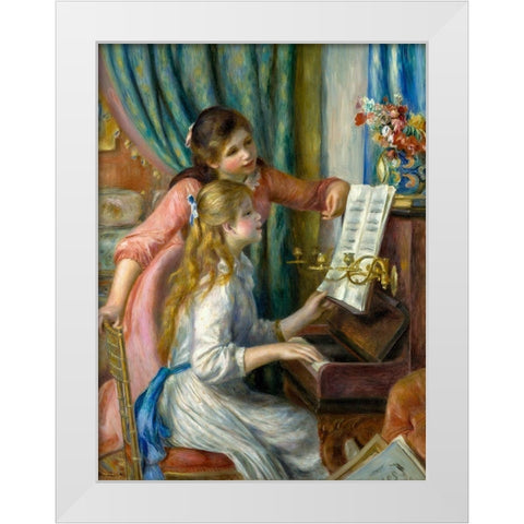 Two Young Girls at the Piano White Modern Wood Framed Art Print by Renoir, Pierre-Auguste