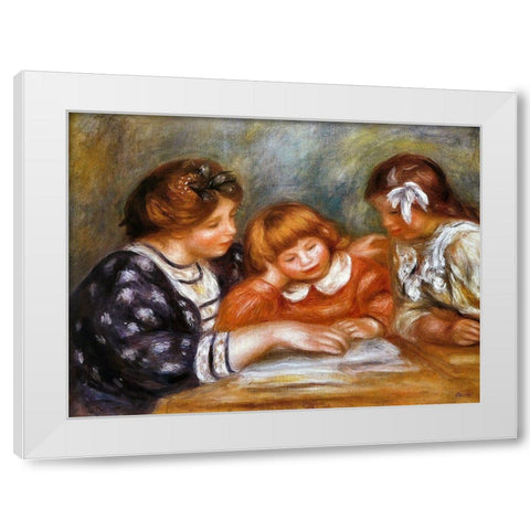 The Lesson White Modern Wood Framed Art Print by Renoir, Pierre-Auguste