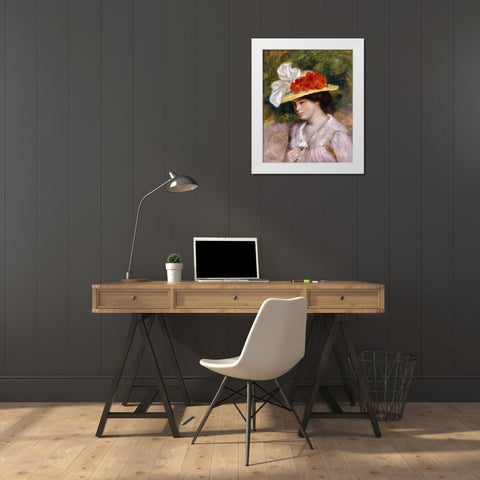 Woman in a Flowered Hat White Modern Wood Framed Art Print by Renoir, Pierre-Auguste