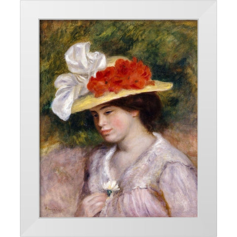 Woman in a Flowered Hat White Modern Wood Framed Art Print by Renoir, Pierre-Auguste