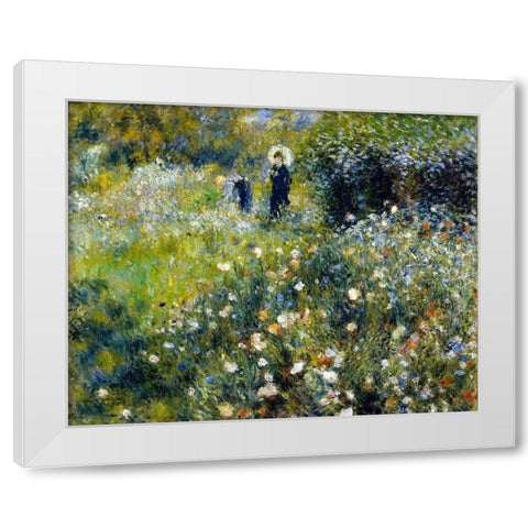 Woman with a Parasol in a Garden White Modern Wood Framed Art Print by Renoir, Pierre-Auguste